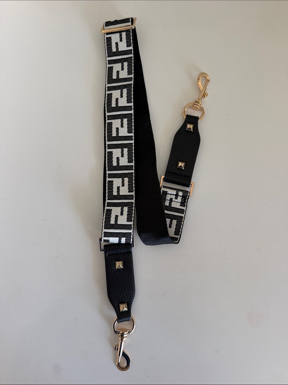 Leather-Trim Black and White Logo Jacquard Adjustable Bag Strap
